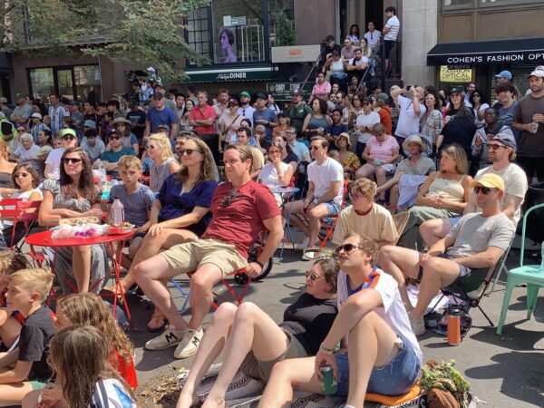 A large crowd gathered on Montague Street in Brooklyn Heights on Sunday for a special Open Streets World Cup screening. Photo: Mary Frost/Brooklyn Eagle
