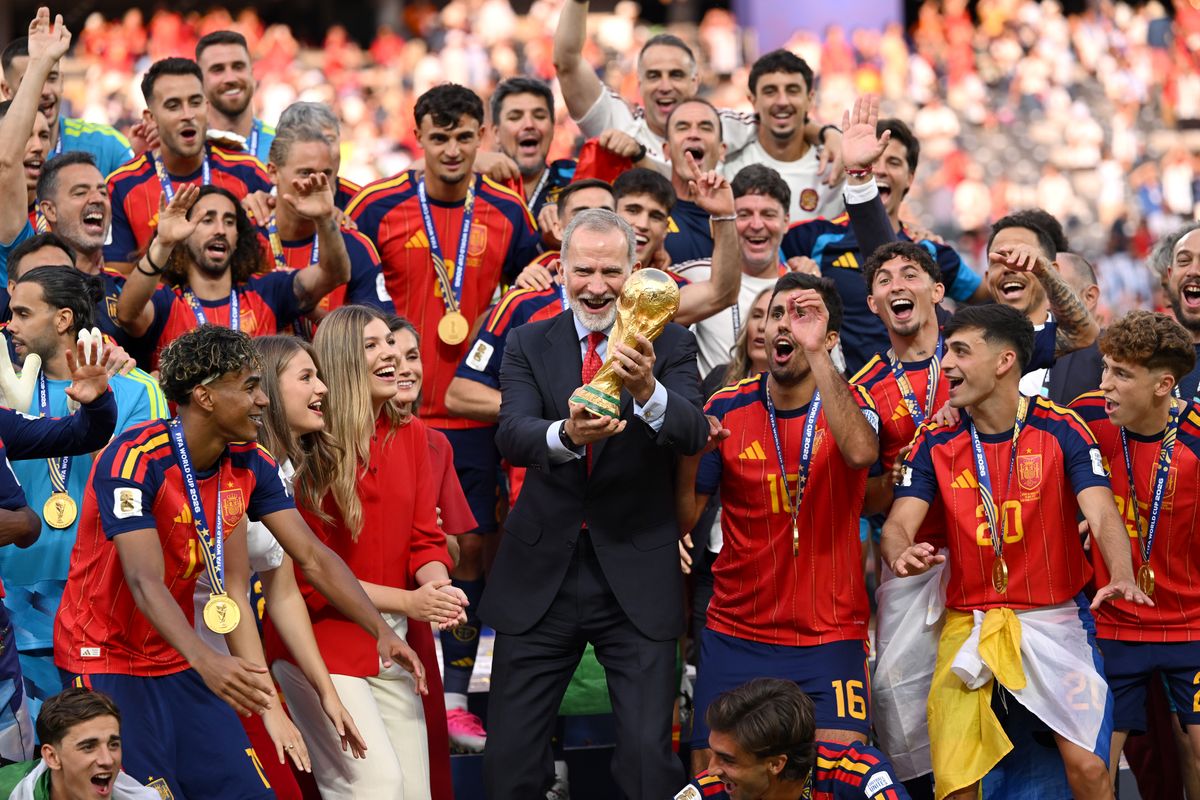 King Felipe, Queen Letizia, Princess Leonor, and Infanta Sofía celebrate Spain’s historic World Cup victory.