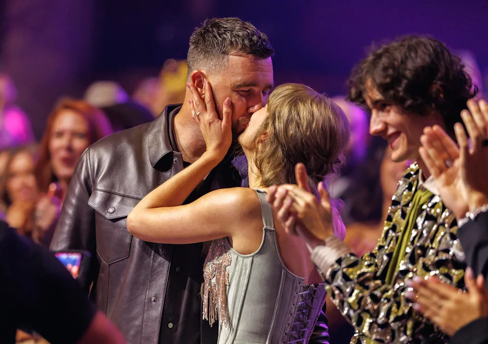 Taylor Swift and Travis Kelce at the 2026 iHeartRadio Music Awards held at Dolby Theatre on March 26, 2026 in Los Angeles, California.