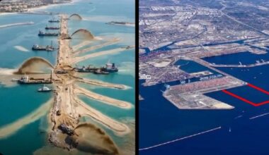 Aerial view of large-scale land reclamation works for port development