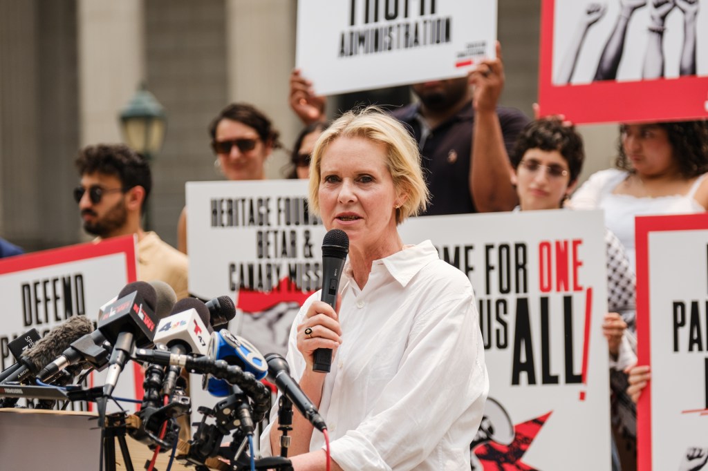Nixon at a press conference announcing a lawsuit from Columbia student Mahmoud Khalil against the Trump administration on July 13, 2026.