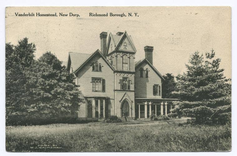 Vintage postcard of a large, ornate house with pointed roofs and tall chimneys, surrounded by trees and grass, located in New Dorp, Richmond Borough, N.Y.