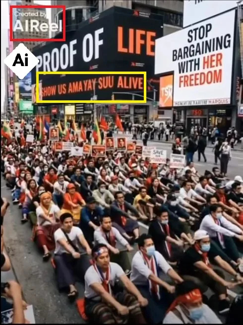 <span>Screenshot of falsely shared clip with visual inconsistencies highlighted and AI-label added by AFP</span>