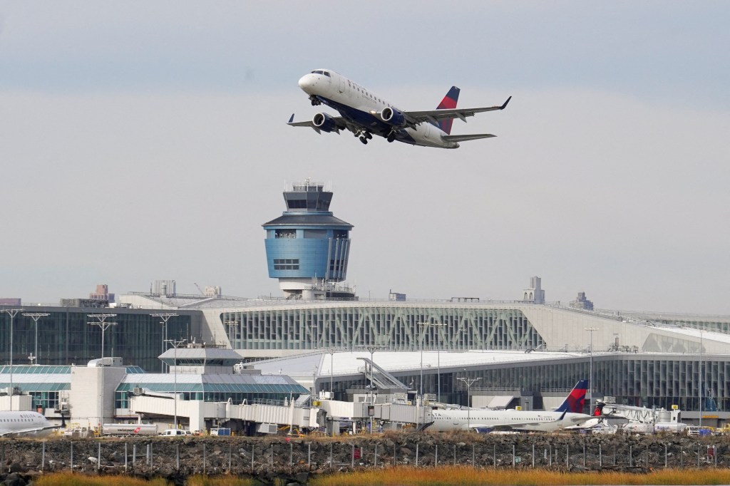 An airplane takes off from New York's Laguardia Airport in the Queens borough of New York City, U.S., November 7, 2025.