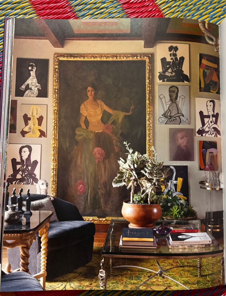 Variation on a theme, with a grouping of paintings by John Millie surrounding a portrait of silent film star/producer Norma Tamadge, illustrate Woodson’s mastery of juxtaposing periods and objects to dramatic effect.