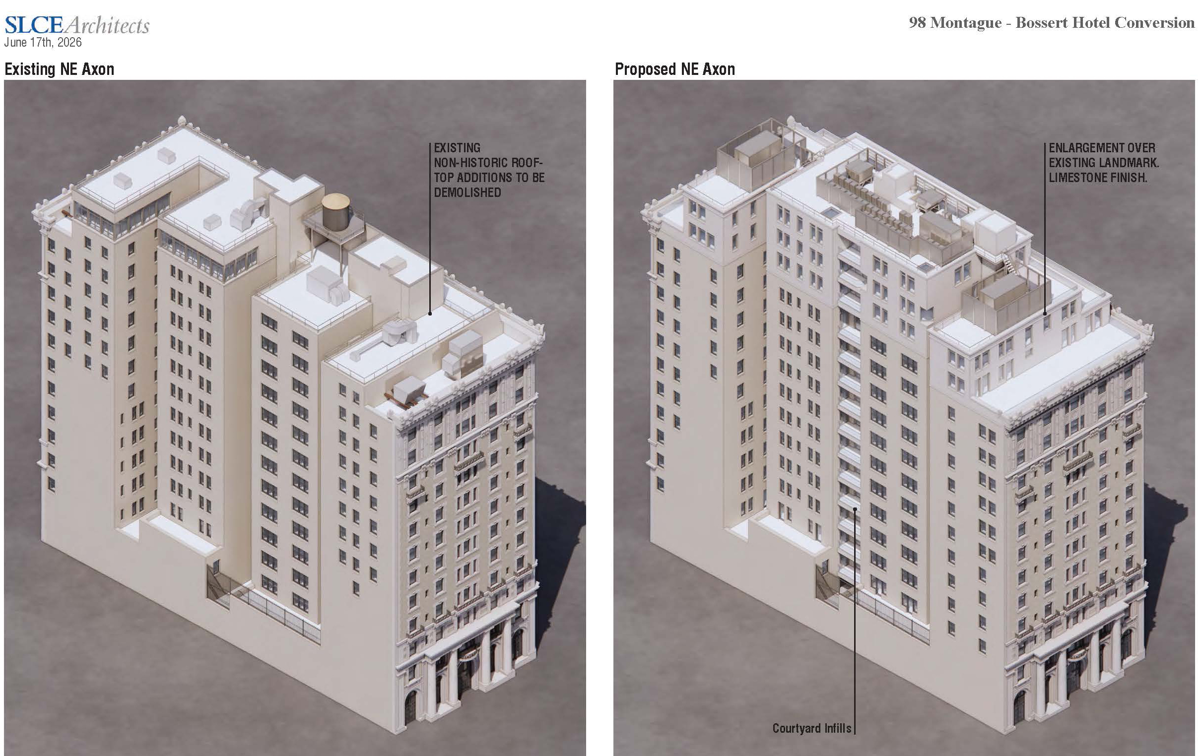two renderings showing a penthouse on top of the roof