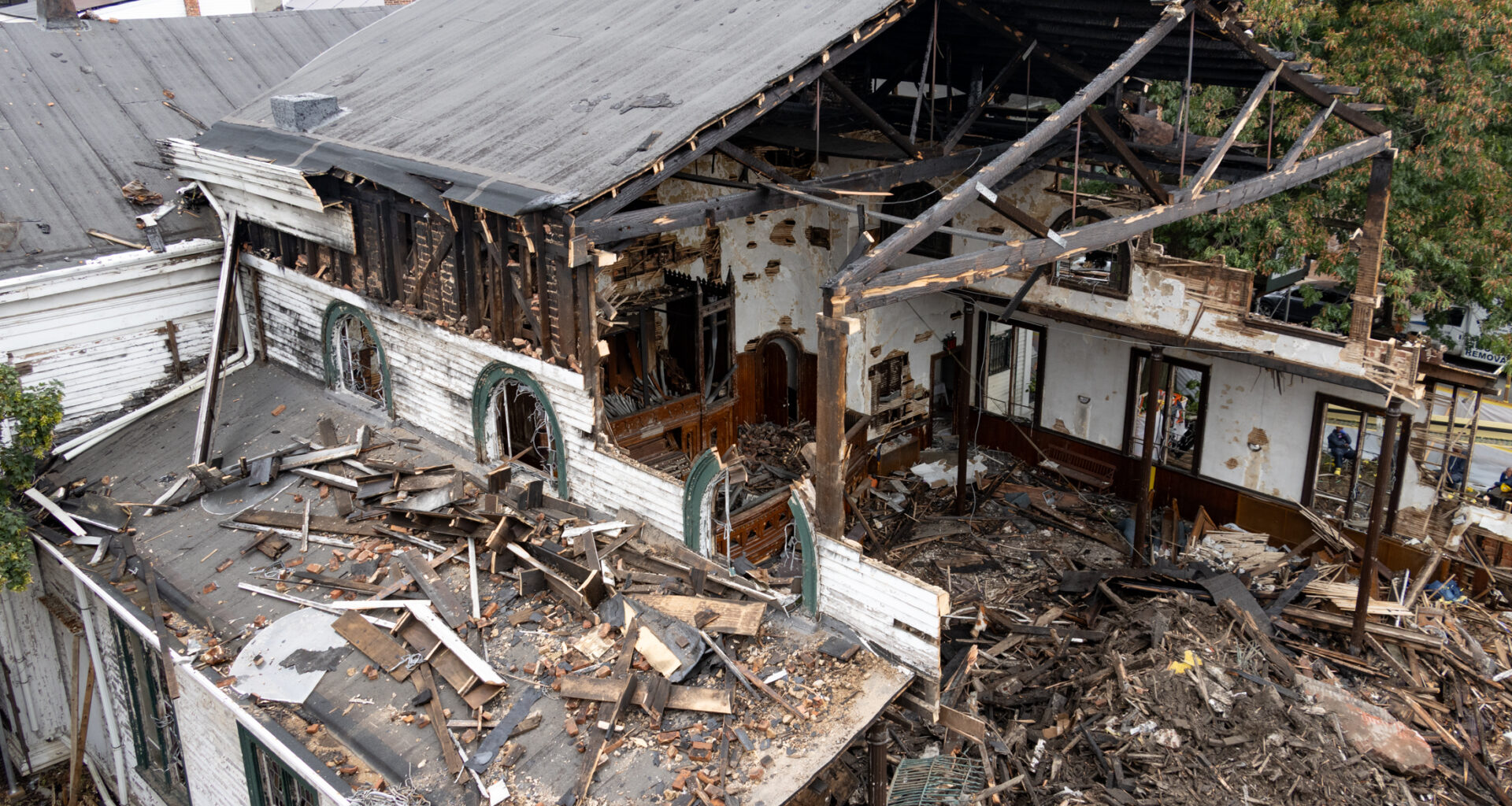 burned out church in the midst of demolition