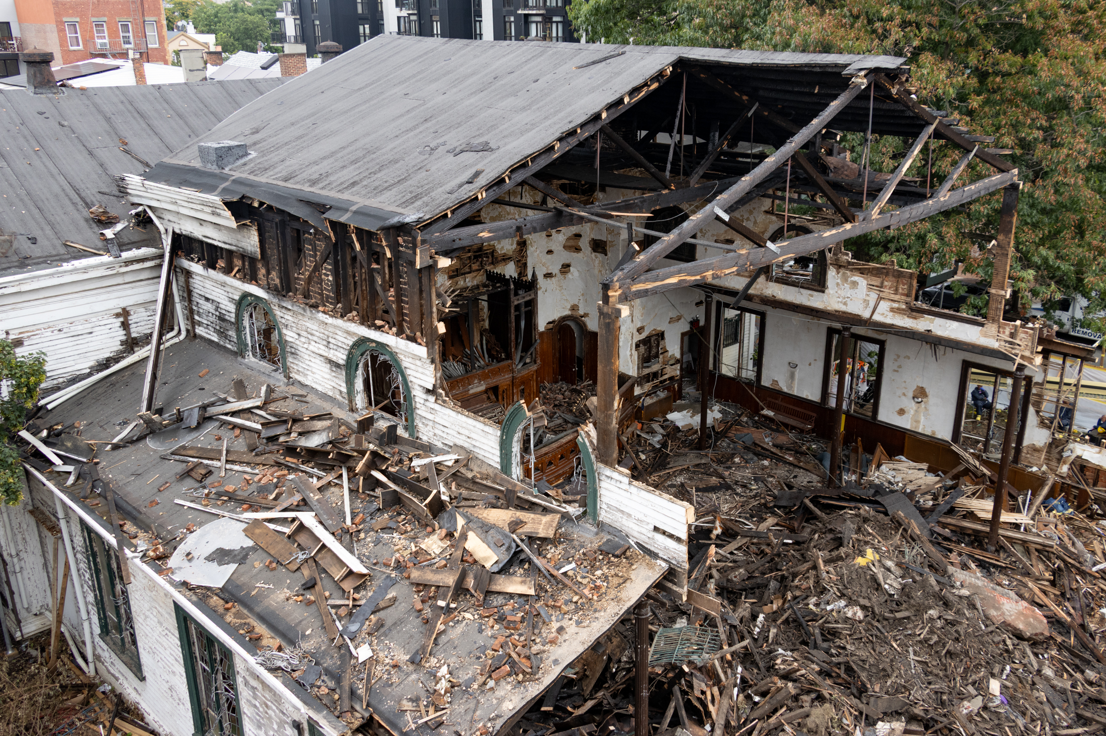 burned out church in the midst of demolition
