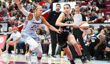 Toronto Tempo's Julie Allemand (22) defends against New York Liberty's Pauline Astier (18) during the second half of a WNBA basketball game in Montreal, on Sunday, July 12, 2026. (Graham Hughes/The Canadian Press via AP)
