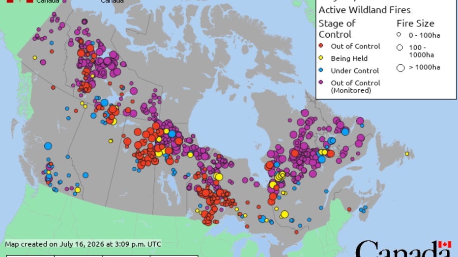 July 16 map of wildfires burning across Canada (Canadian Wildland Fire Information System)