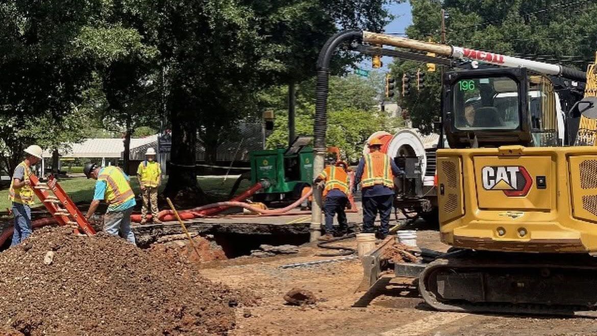 Charlotte Water crews work to repair a water main break reported Friday in the 1000 block of Queens Road. (Charlotte Water)