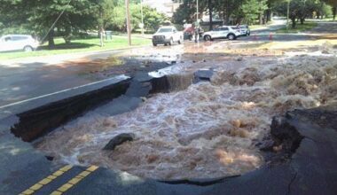 Charlotte Water continued to work Saturday to repair a water main break in the 1000 block of Queens Road. (Charlotte Water)