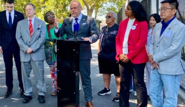 Assemblymember Michael Novakhov led a conference in Manhattan Beach Park following an assault that left one teenager injured. Photo: Brooklyn Conservative Party