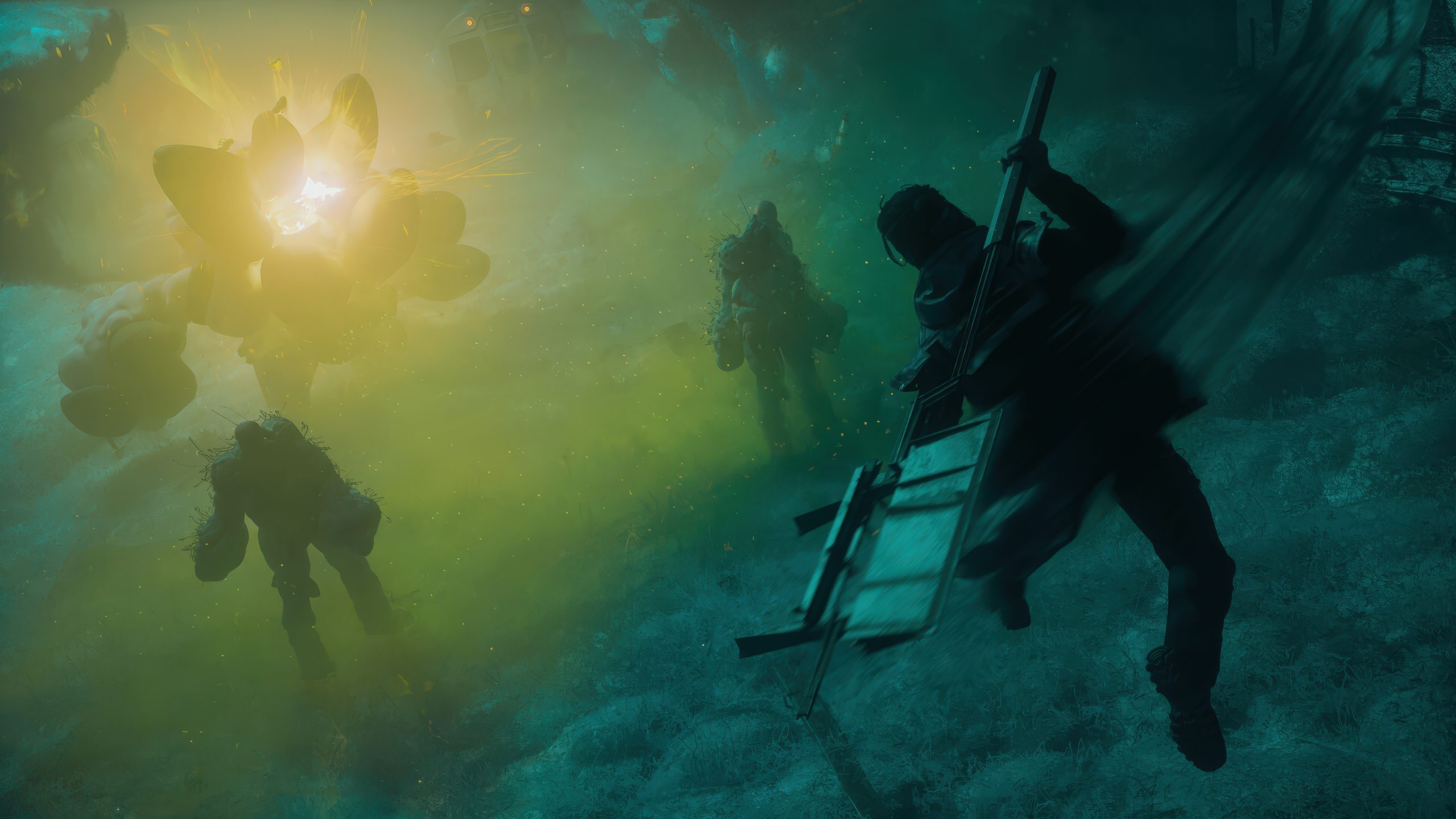 Characters in combat in a foggy, alien landscape are illuminated by a glowing explosion in a scene from the game Returnal.
