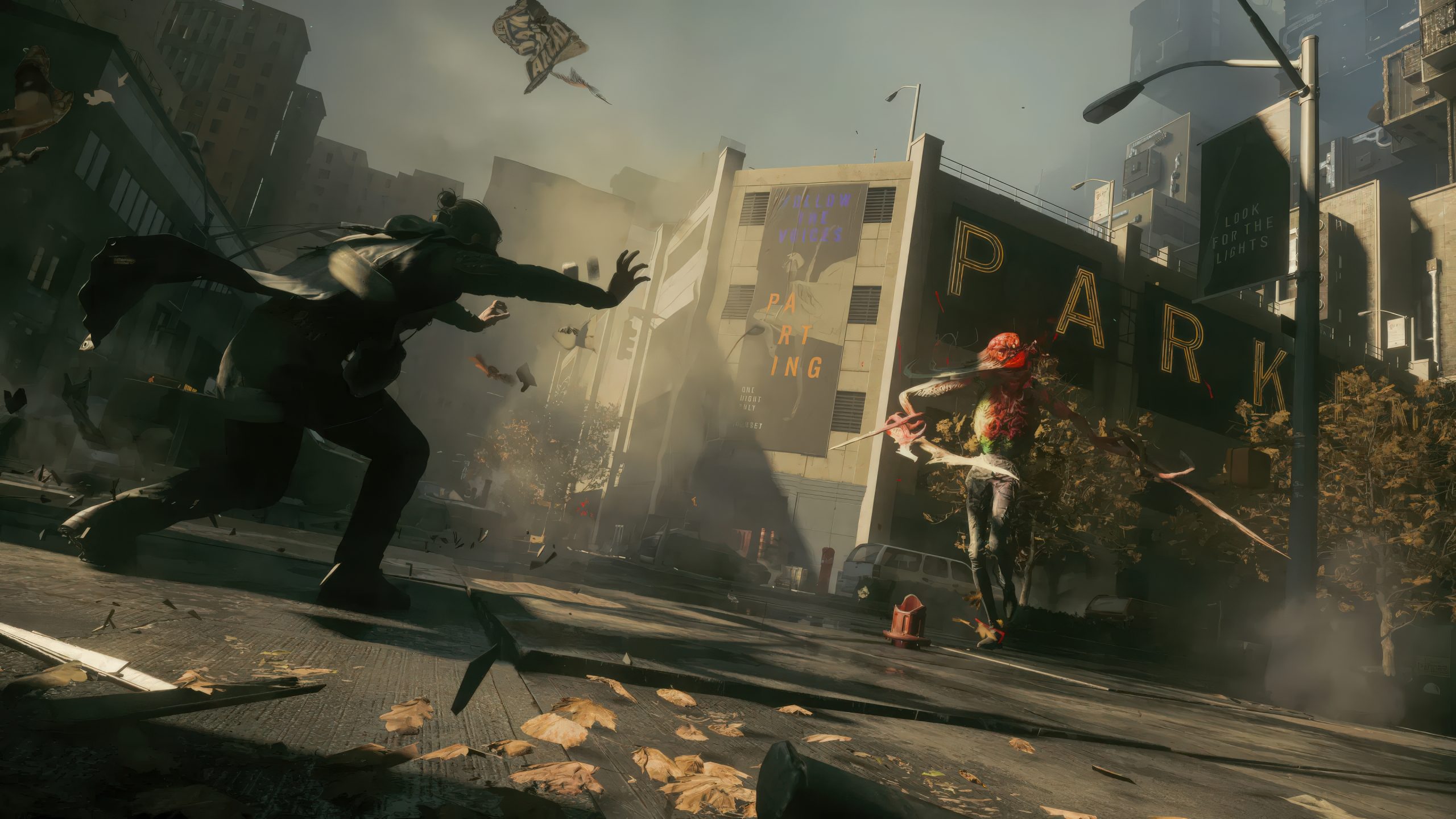 A dynamic scene from the game 'Alan Wake 2' shows a character confronting a creature in a city street surrounded by debris.