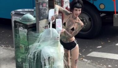 NYC dominatrix plastic wraps sub to pole and douses him in milk