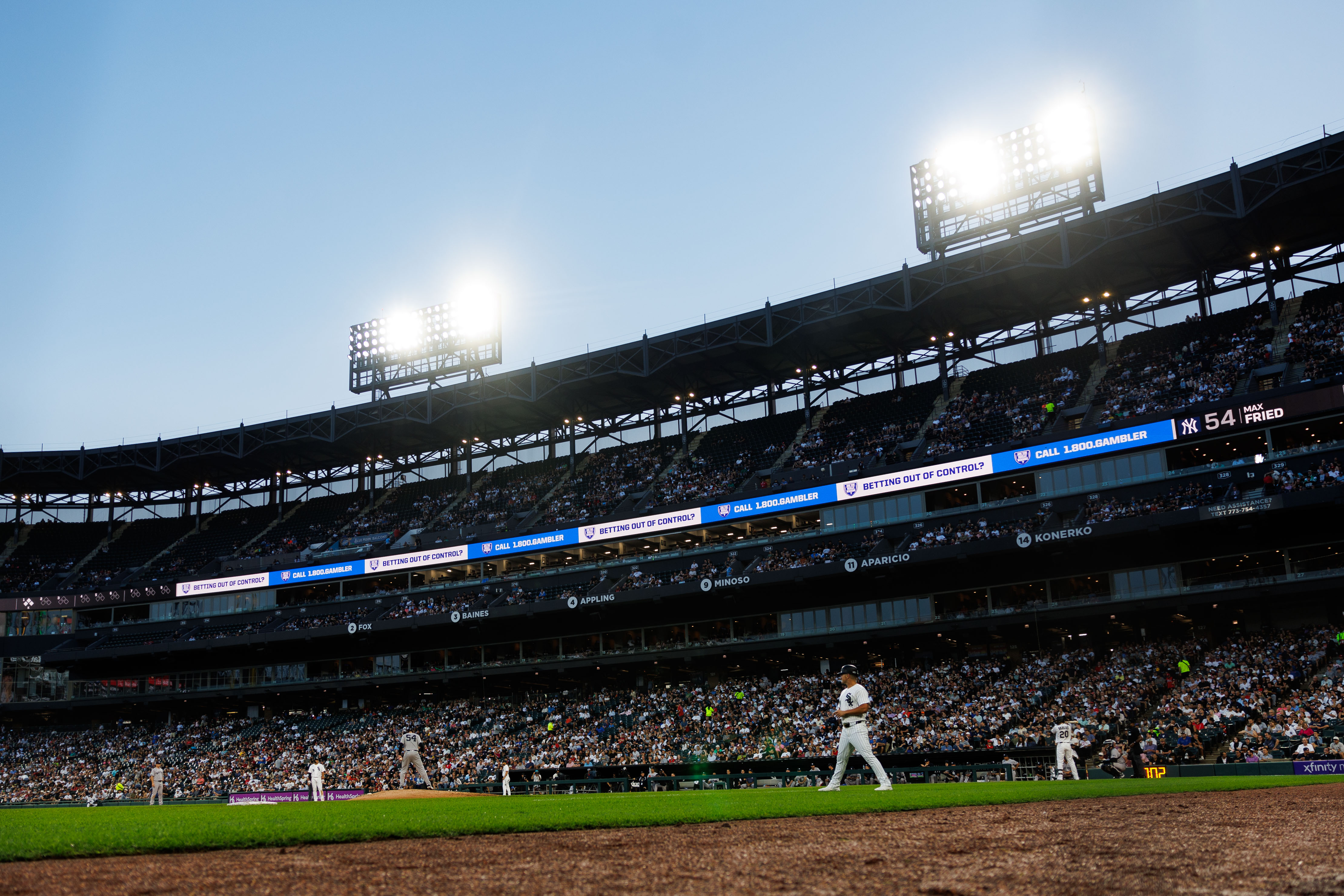 White Sox third baseman Miguel Vargas (20) faces Yankees pitcher Max Fried (54) during the second inning at Rate Field July 27, 2026 in Chicago. (Armando L. Sanchez/Chicago Tribune)