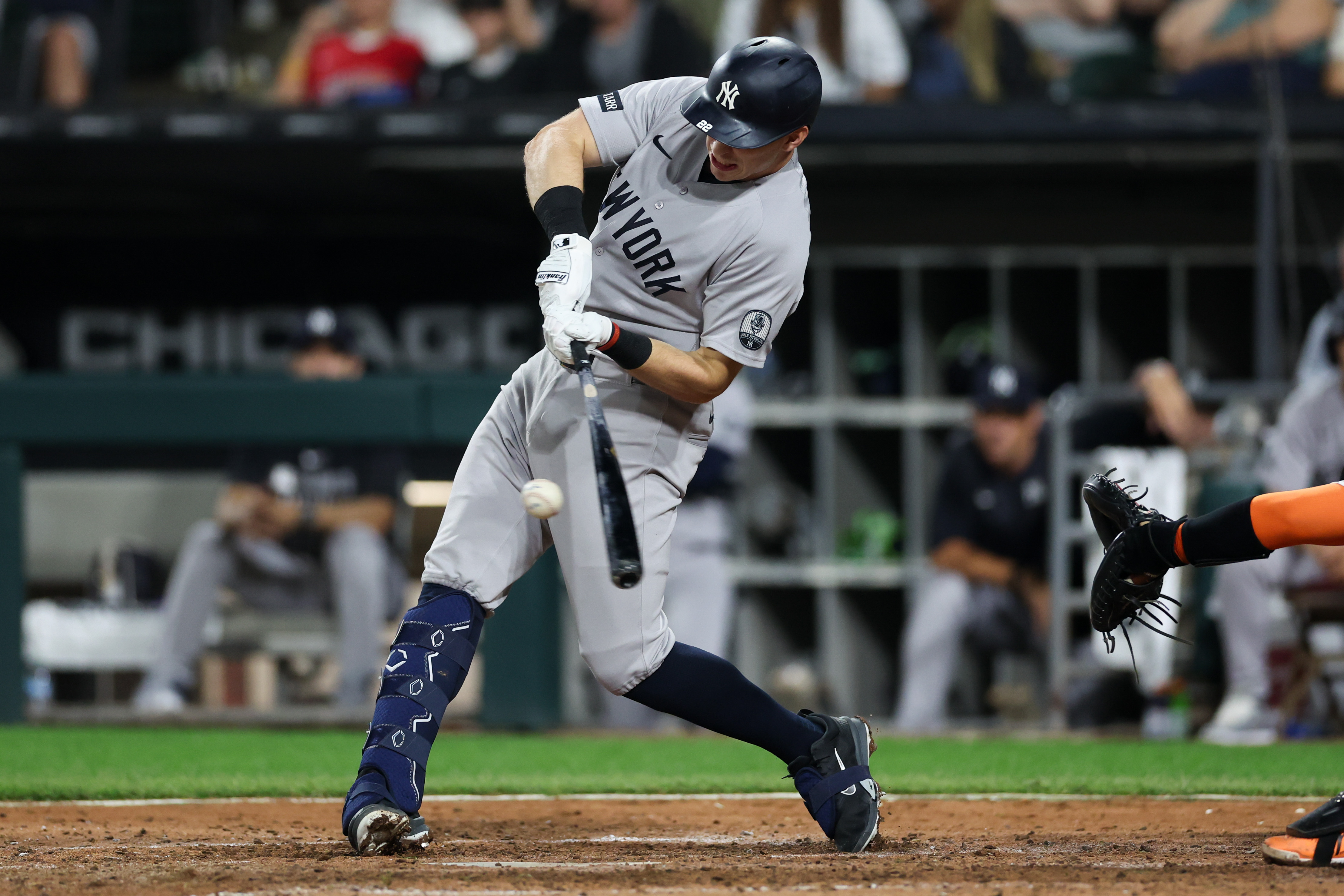 Yankees first baseman Ben Rice (22) hits a RBI single during the seventh inning against the White Sox at Rate Field July 27, 2026 in Chicago. (Armando L. Sanchez/Chicago Tribune)
