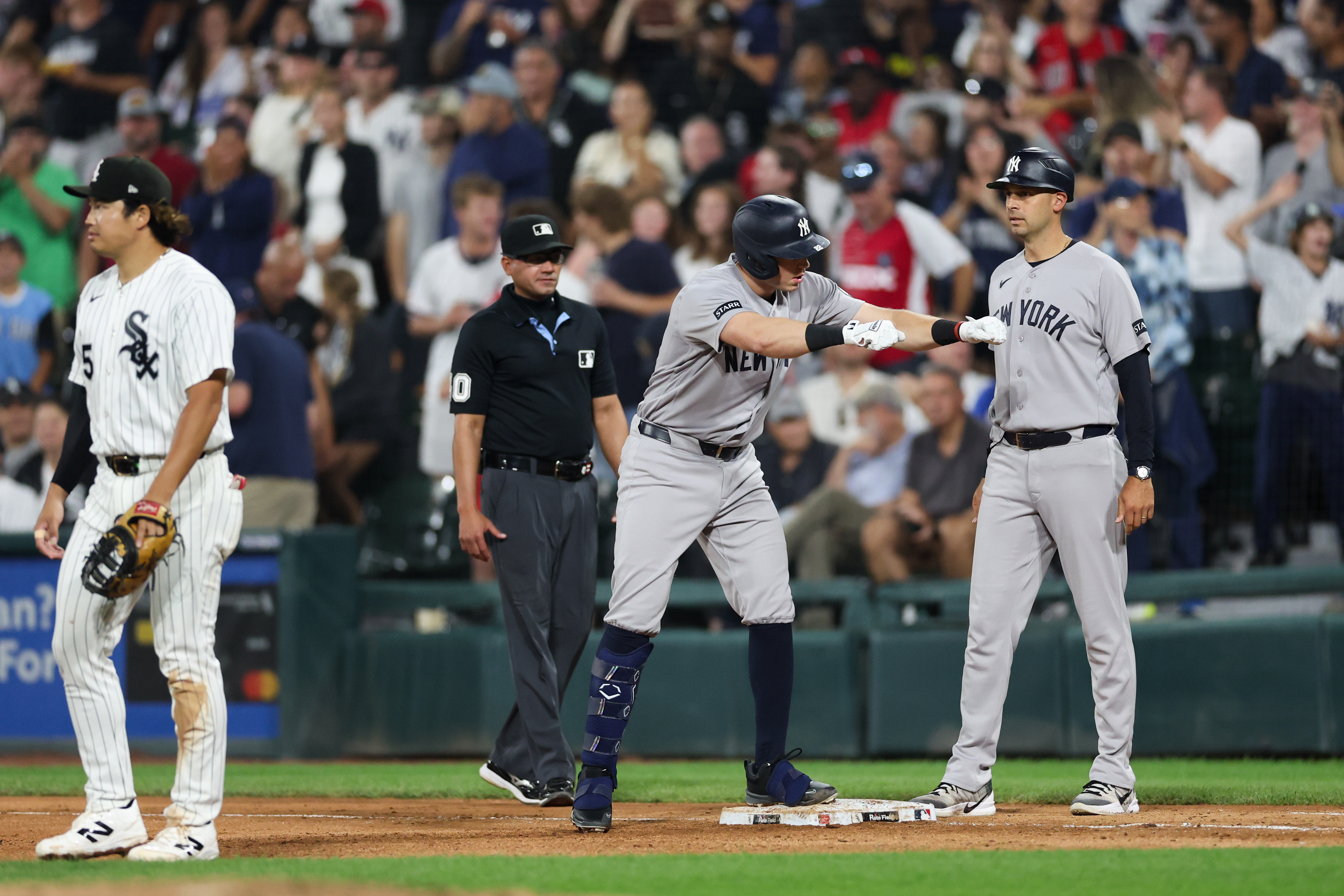 Yankees first baseman Ben Rice (22) celebrates after hitting a RBI single during the seventh inning against the White Sox at Rate Field July 27, 2026 in Chicago. (Armando L. Sanchez/Chicago Tribune)