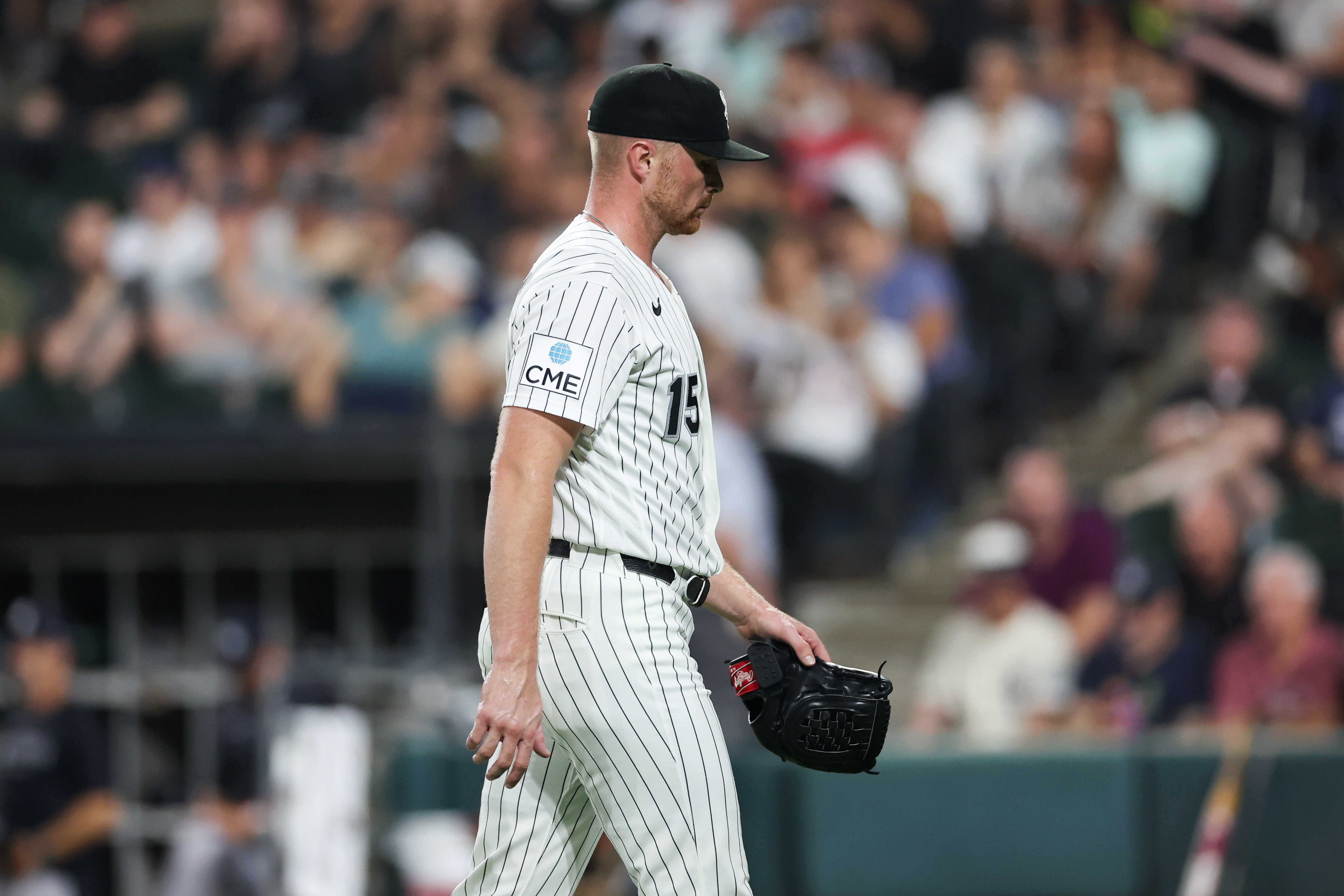White Sox pitcher Sean Newcomb (15) walks off the mound after pitching during the eighth inning against the Yankees at Rate Field July 27, 2026 in Chicago. (Armando L. Sanchez/Chicago Tribune)