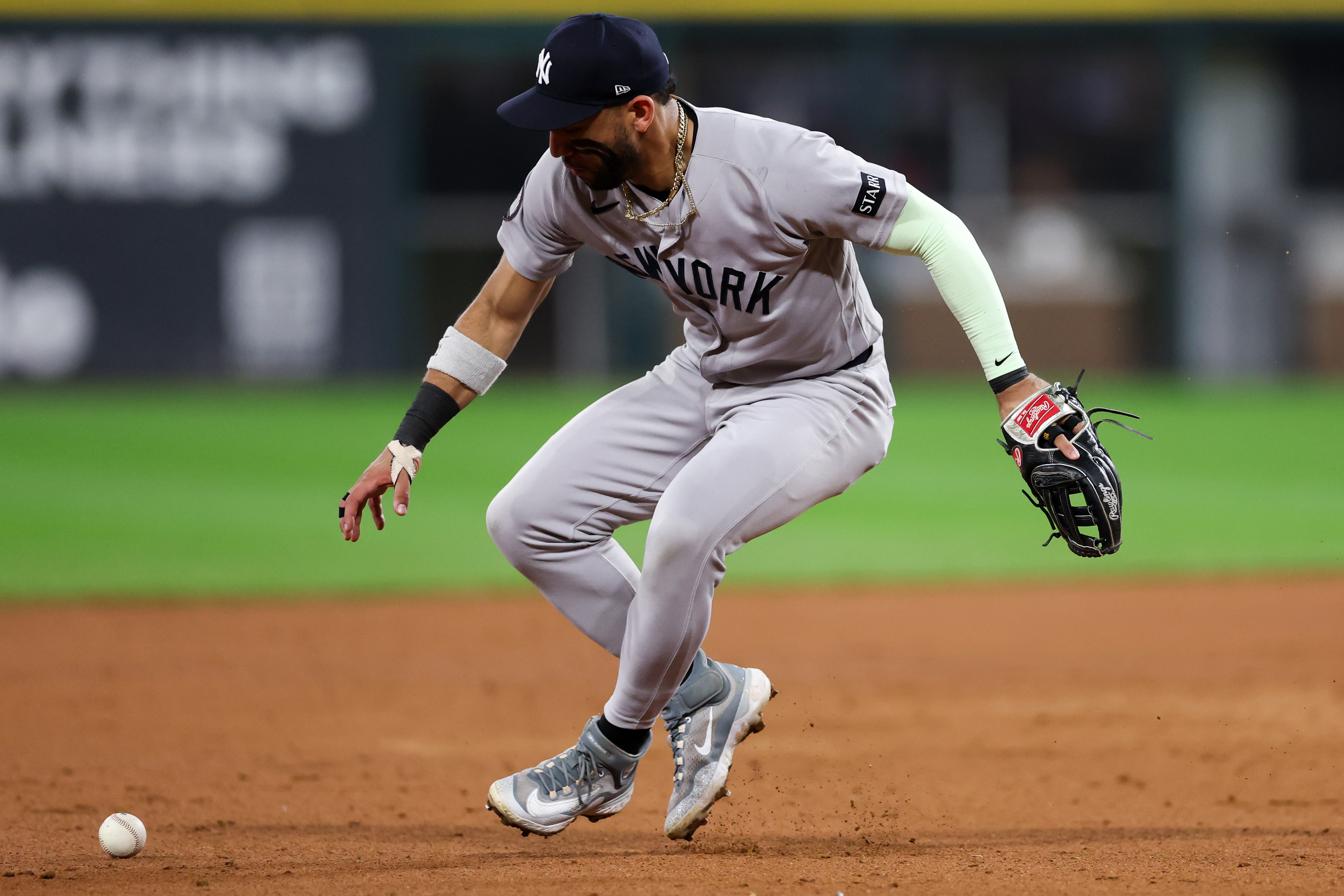 Yankees shortstop José Caballero (72) chases a single from White Sox left fielder Sam Antonacci (17) during the ninth inning at Rate Field July 27, 2026 in Chicago. (Armando L. Sanchez/Chicago Tribune)