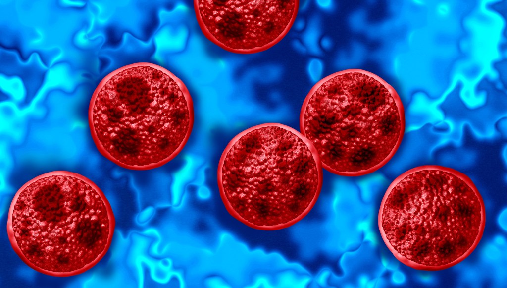 Illustration of multiple red Cyclospora cayetanensis parasites against a blue background, representing a cyclosporiasis outbreak.