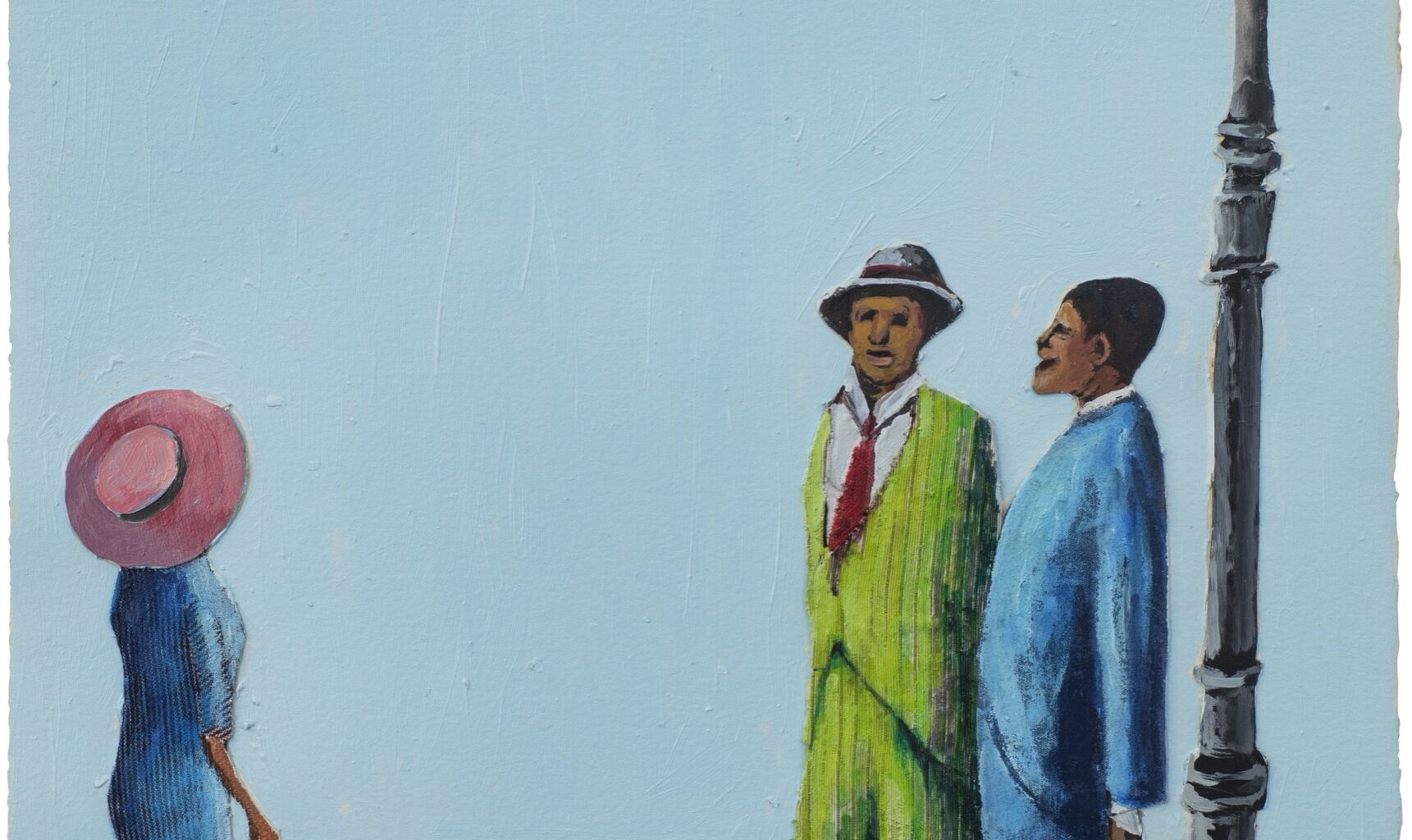 Benny Andrews, Corner Greeters, 2004. Oil on paper with painted fabric collage, 22 ⅛ × 14 ⅞ × ⅛ inches. © Benny Andrews Estate / Artists Rights Society (ARS), NY. Courtesy Michael Rosenfeld Gallery LLC, New York, NY.