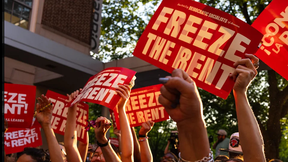 Tenant rights groups celebrate at the final hearing of the New York City Rent Guidelines Board on June 25, 2026, held at the El Museo del Barrio in the East Harlem neighborhood of New York City.