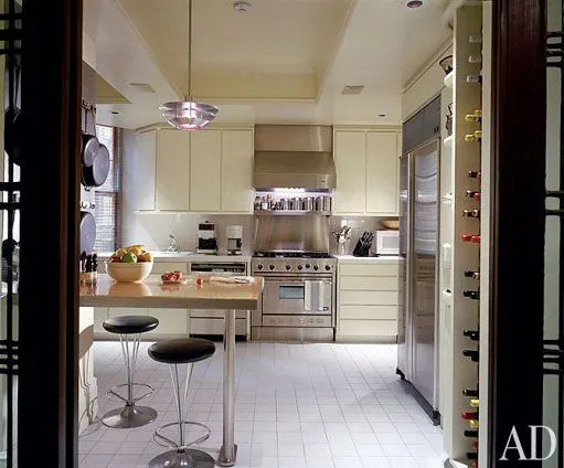 Stainless steel resonates through the kitchen, in contrast with the rest of the apartment. “I didn’t want to do an Art Deco kitchen,” says Ciccone. “You get the best appliances and work around them. But the only reason there’s a microwave is that Madonna likes to make popcorn.” Sub-Zero refrigerator.
