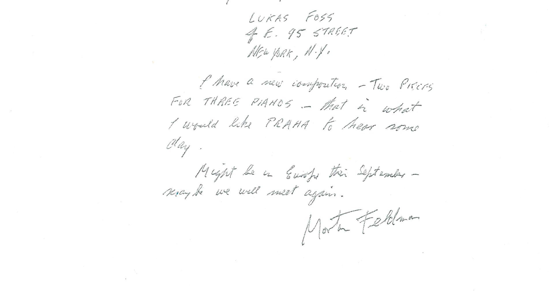 Letter from Morton Feldman to Petr Kotik. Courtesy Petr Kotik.