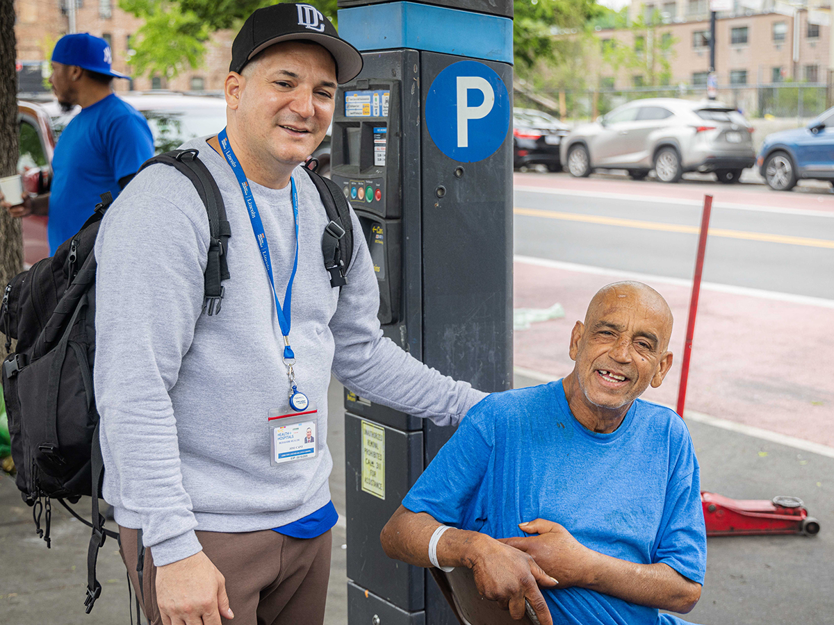 A success story: Luis (seated in blue t-shirt) who has struggled with opioid use for a while, has been following buprenorphine treatment and abstaining from opioids, is happy to update Jose and Andre about his progress. Luis was also suffering from knee impediments and recently received surgery at Lincoln Hospital. (2/2)