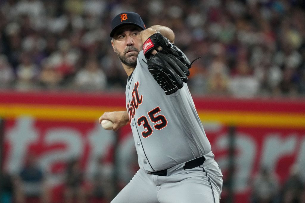 Detroit Tigers pitcher Justin Verlander throws a baseball during a game.