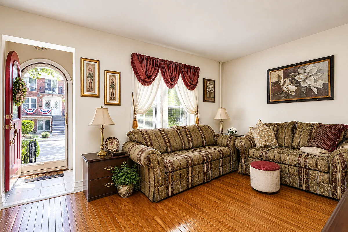 living room with arched entry door and wood floor
