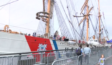 U.S. Coast Guard Eagle docks at Manhattan's Pier 17 before sailing to Boston