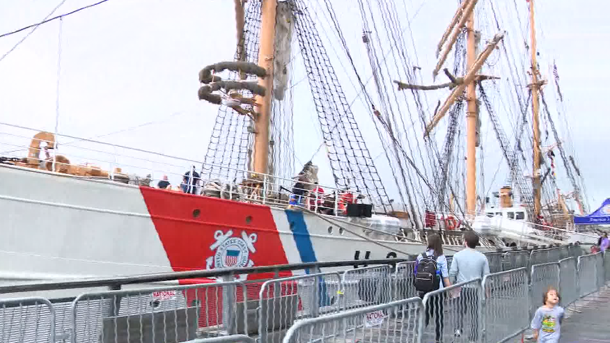 U.S. Coast Guard Eagle docks at Manhattan's Pier 17 before sailing to Boston