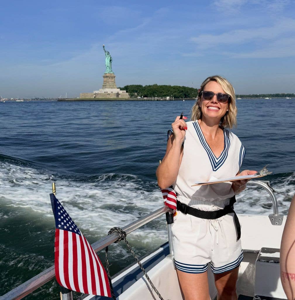 Dylan Dreyer looked fantastic in white shorts and a matching top while cruising along the Hudson River 