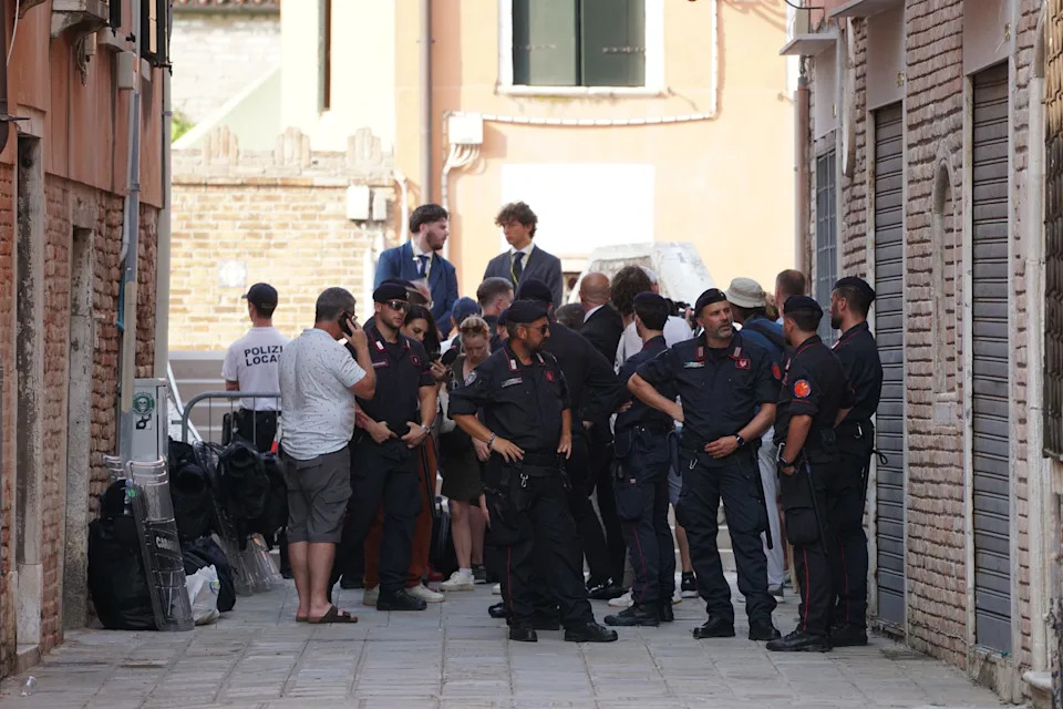 Police officers at a security checkpoint ahead of Jeff Bezos' wedding in Venice in June 2025.