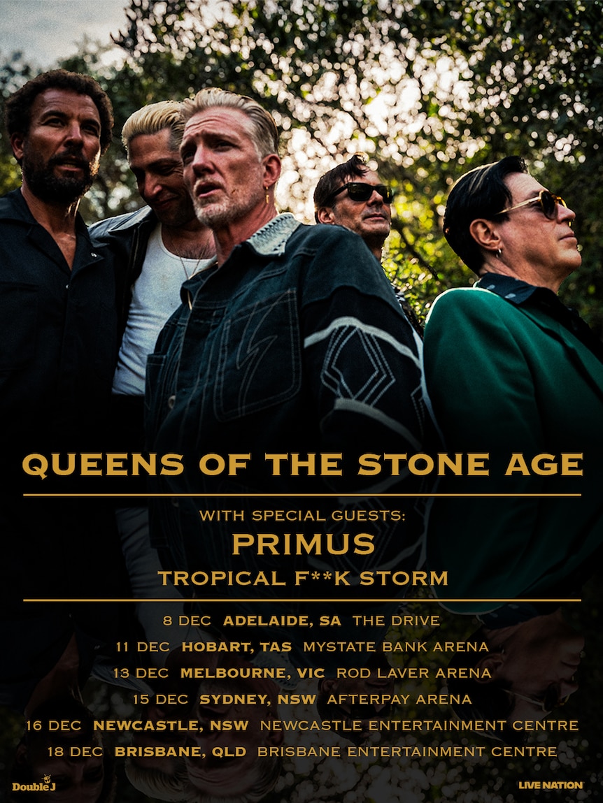 Poster for Queens of the Stone Age Australian tour, featuring a band portrait and tour dates.