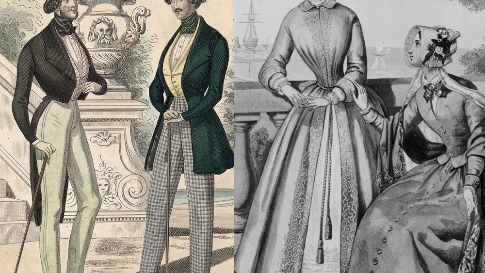 Early 19th century men's and women's Victorian-era fashions.