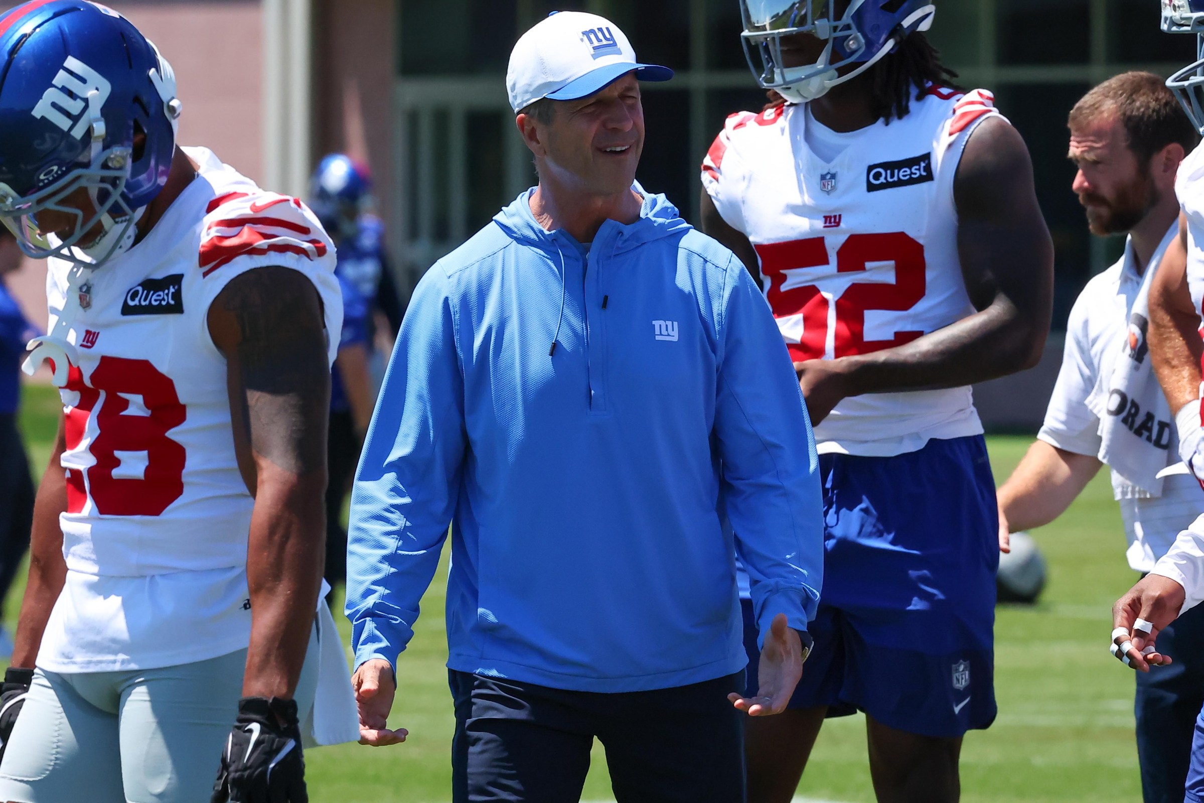 John Harbaugh and Giants players during Giants OTAs 2026