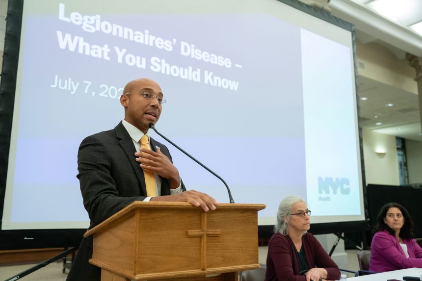 New York City Health Commissioner Dr. Alister Martin speaks at a town hall concerning the Legionnaires' disease cluster on July 7 in New York.