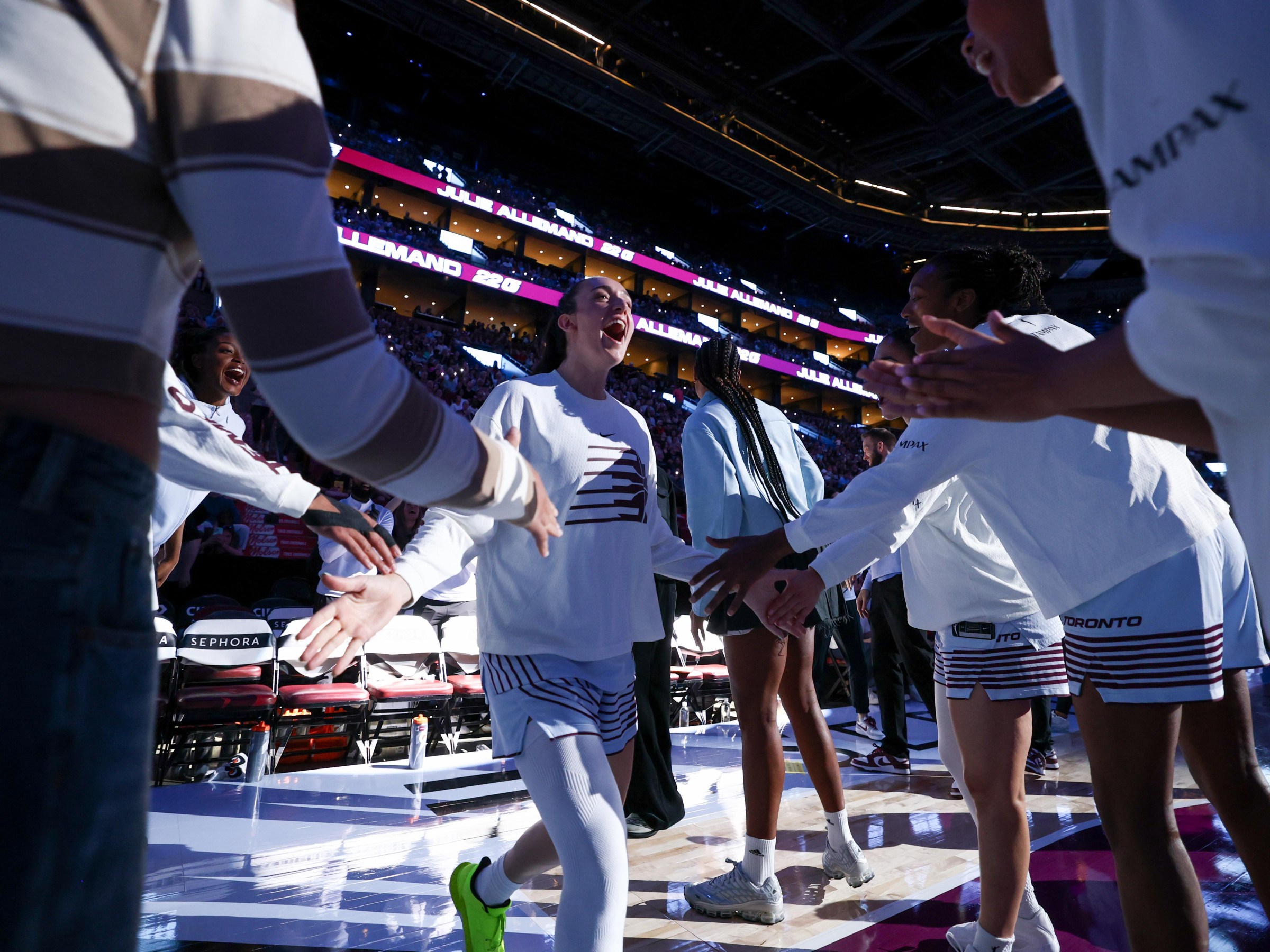 MONTREAL, CANADA - JULY 10: Marina Mabrey #3 of the Toronto Tempo is introduced before the game against the Dallas Wings on July 10, 2026 at Bell Centre in Montreal, Canada. NOTE TO USER: User expressly acknowledges and agrees that, by downloading and or using this photograph, User is consenting to the terms and conditions of the Getty Images License Agreement. Mandatory Copyright Notice: Copyright 2026 NBAE (Photo by Reuben Polansky-Shapiro/NBAE via Getty Images)