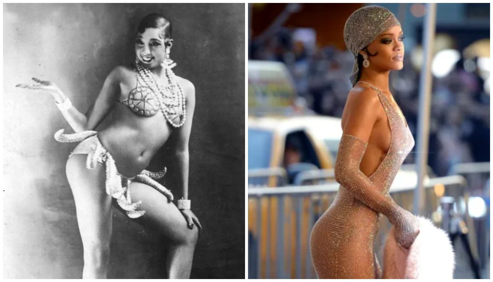 A black-and-white portrait of a woman wearing elaborate jewelry and a revealing costume, contrasted with a modern image of a woman in a sparkling gold dress posing on a red carpet.