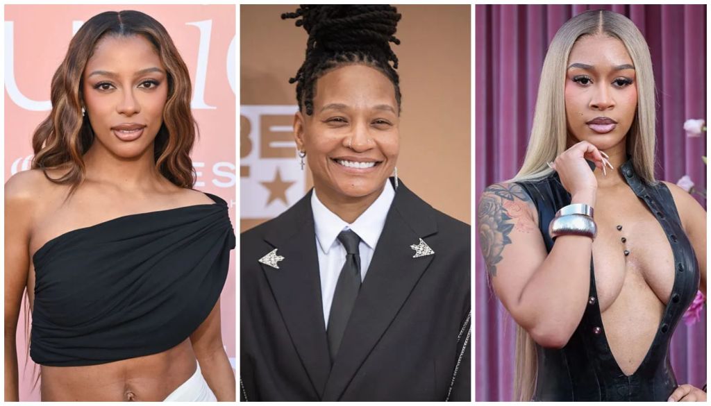 Three women in glamorous attire: a woman with wavy brown hair wearing a black one-shoulder top, a woman with braided hair wearing a black suit, and a woman with blonde hair wearing a black leather jacket.
