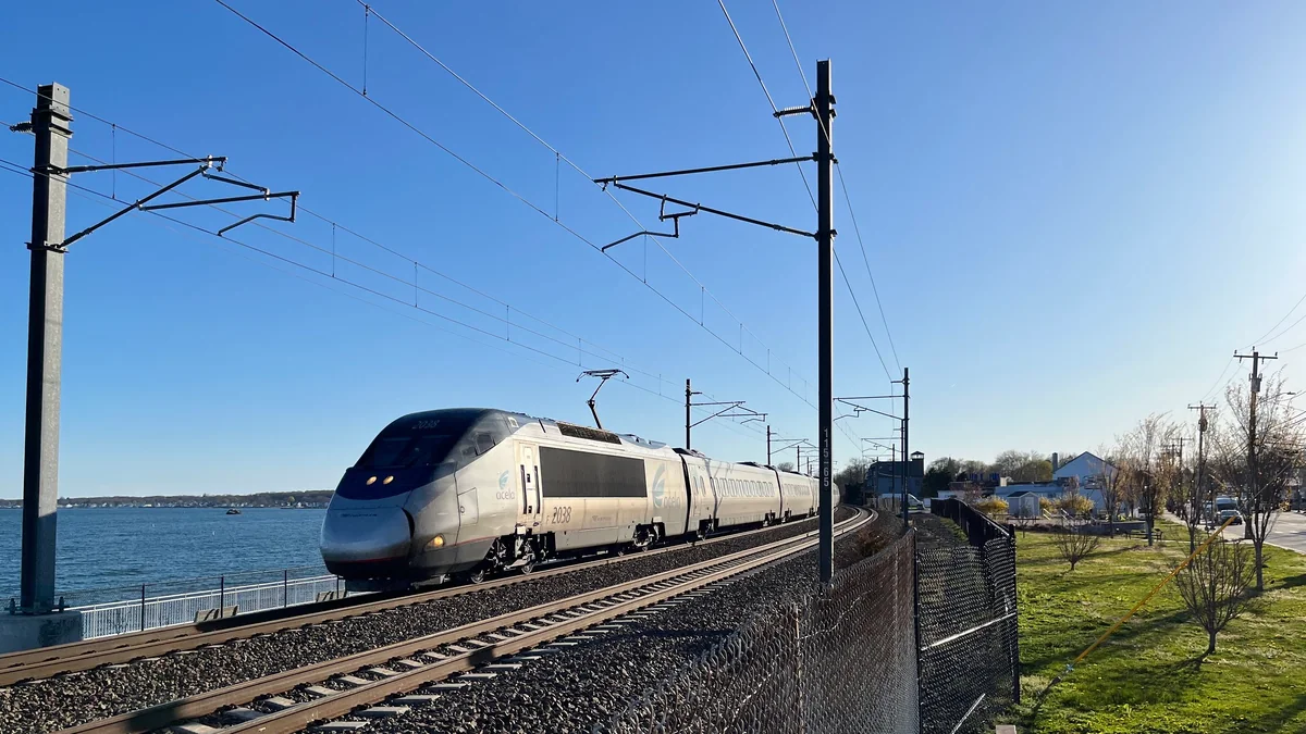 Amtrak train on electrified rail infrastructure