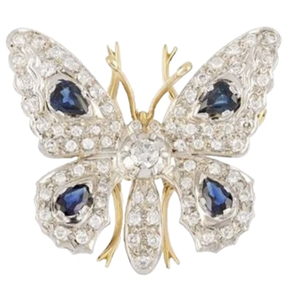 Bridal Antique Jewels&mdash;Ebay, 1.65ct Natural round Diamond 14k solid yellow gold sapphire Butterfly brooch pin