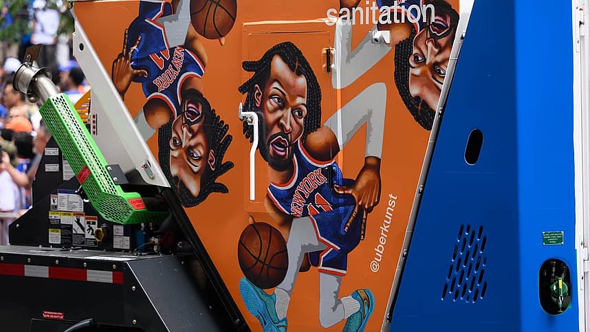 A Jalen Brunson mural during the Knicks championship parade