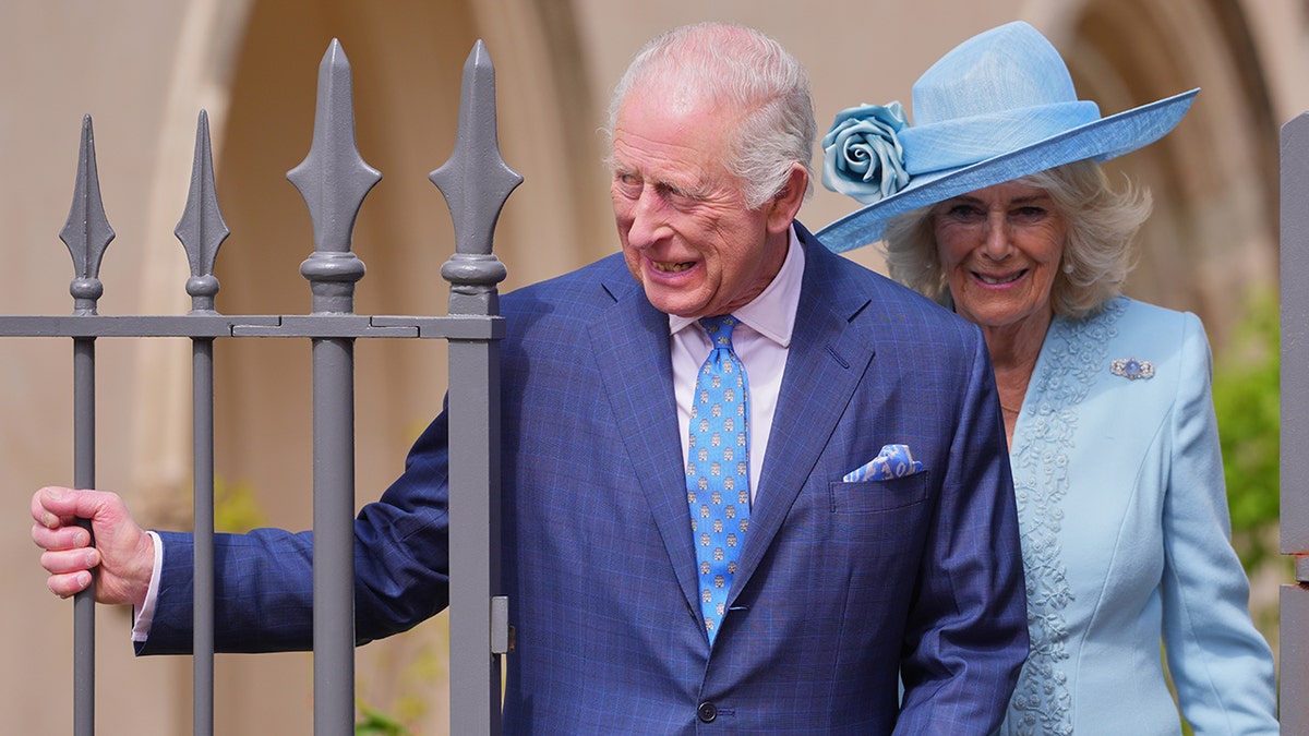 King Charles III and Queen Camilla leaving St. George's Chapel in Windsor, England.