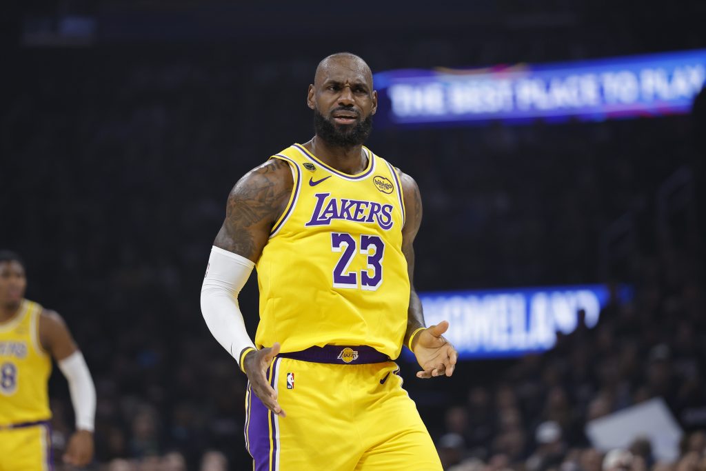 May 7, 2026; Oklahoma City, Oklahoma, USA; Los Angeles Lakers forward LeBron James (23) reacts after a play against the Oklahoma City Thunder in the first half during game two of the second round of the 2026 NBA Playoffs at Paycom Center.