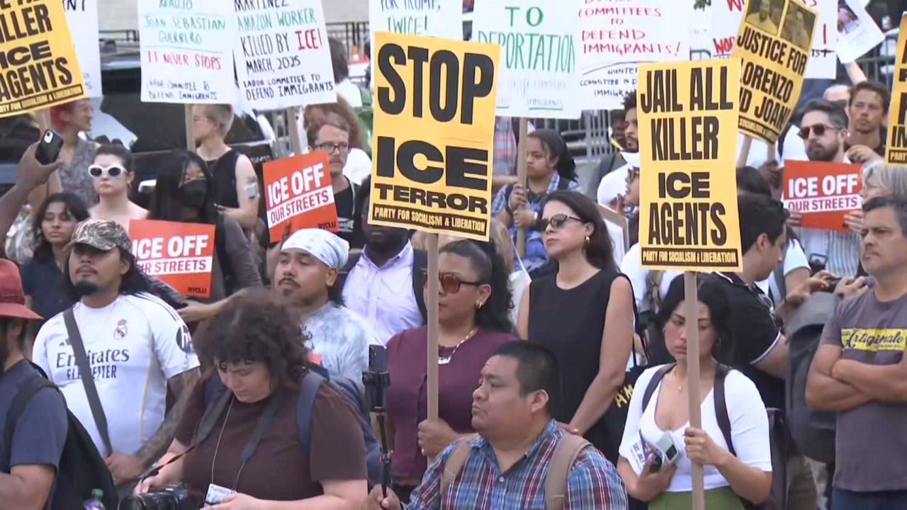 The deaths of Lorenzo Araujo in Texas and Johan Guerrero in Maine by ICE agents brought protesters to Foley Square Tuesday night. (Spectrum News NY1)